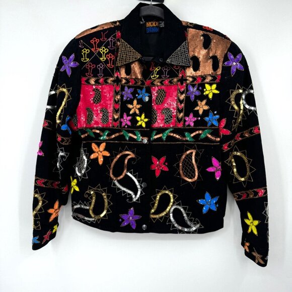 MODI DENIM VINTAGE ART TO WEAR JACKET Woman’s Medium sequin bling extra fancy